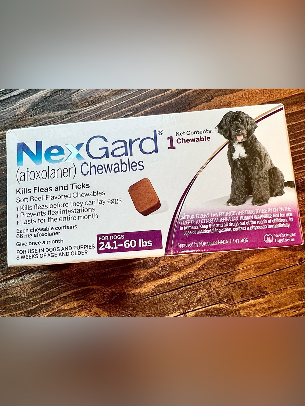 NEW/Unopened - Nexgard Dog Flea and Tick chewable, 24.1-60lbs. Beef-flavor.